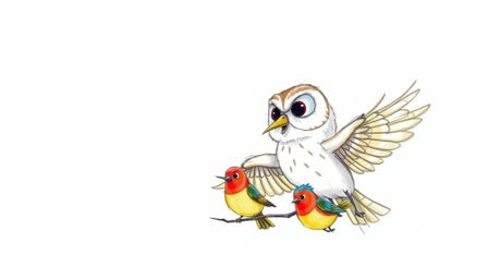 A heartwarming hand-drawn sketch in the style of Pixar depicts a wise, blind owl with soft feathers patiently teaching a floc