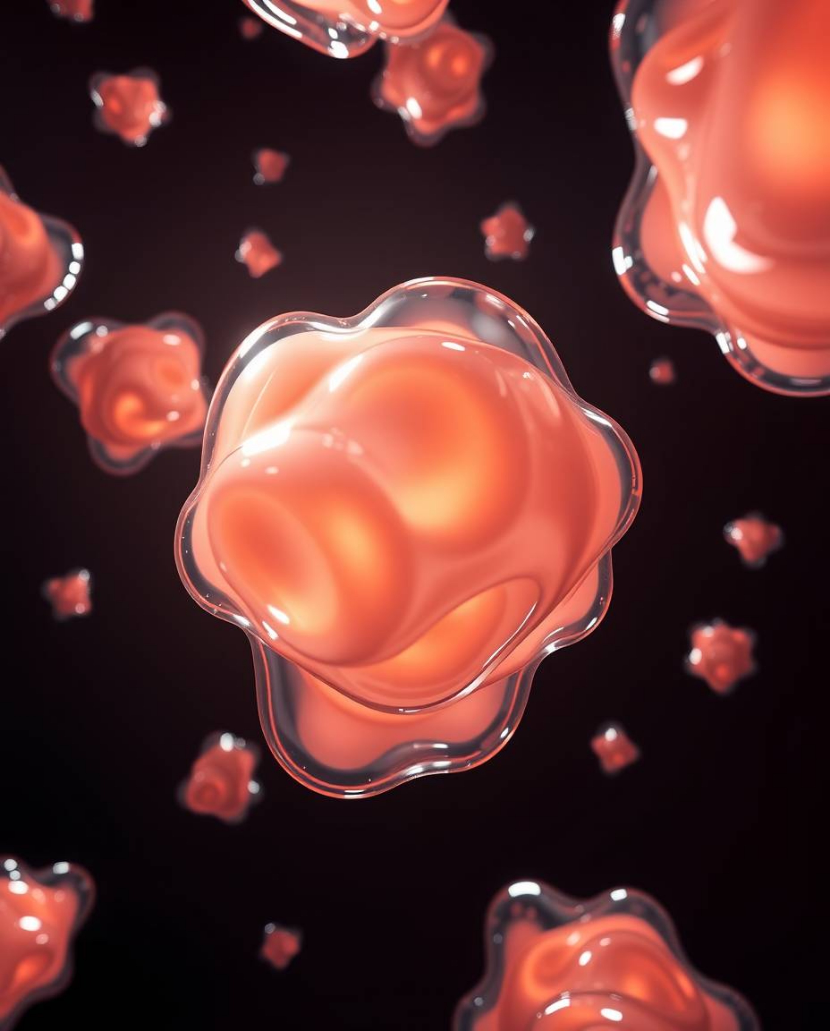 A high-angle perspective 3D rendering showcasing translucent, fluid organic blobs gracefully floating in space. Intense, dram