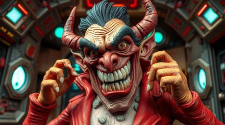 Experience a whimsical and energetic portrayal of a clay-like villain in a high-tech lair, undergoing a humorous breakdown. T