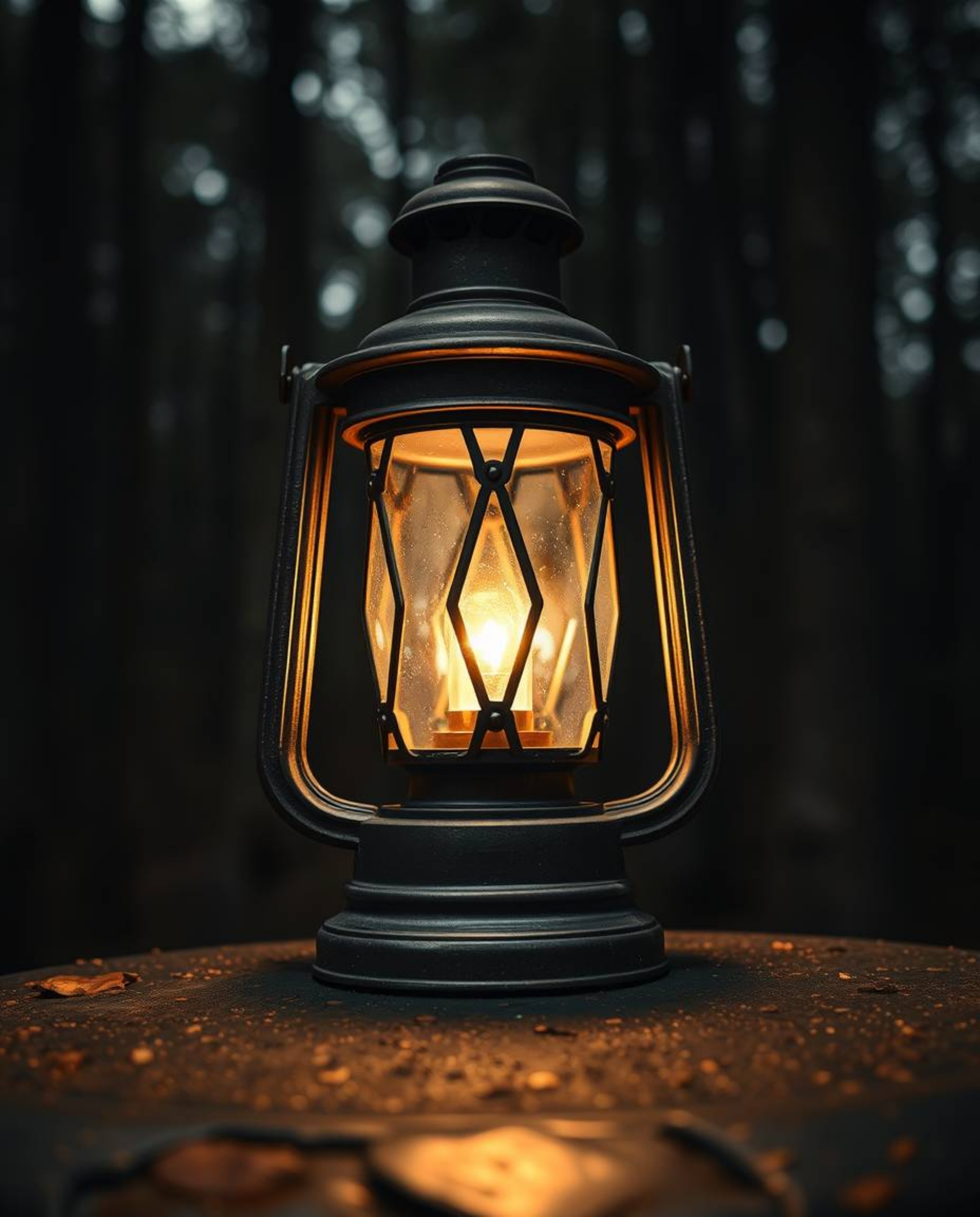A captivating close-up reveals a glowing bronze lantern, its antique patina gleaming in the darkness of a forest.  The detail