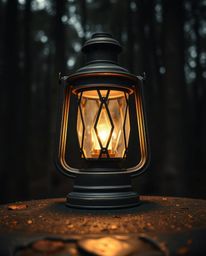 A captivating close-up reveals a glowing bronze lantern, its antique patina gleaming in the darkness of a forest.  The detail