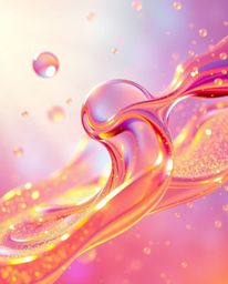 Immerse yourself in a dynamic world where glassy fluid 3D shapes gracefully move, enveloped by a swirling cloud of glowing pa