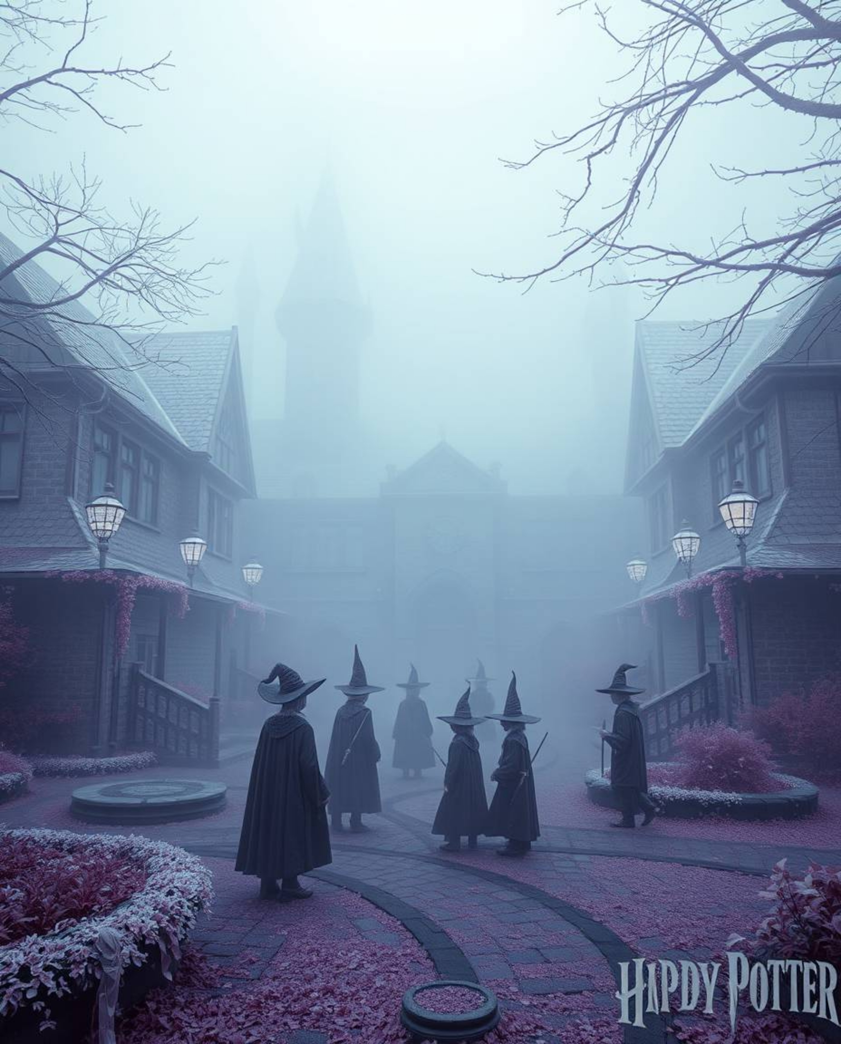 Explore a surreal and ethereal magical school cloaked in dense fog and captured in striking infrared tones. This otherworldly