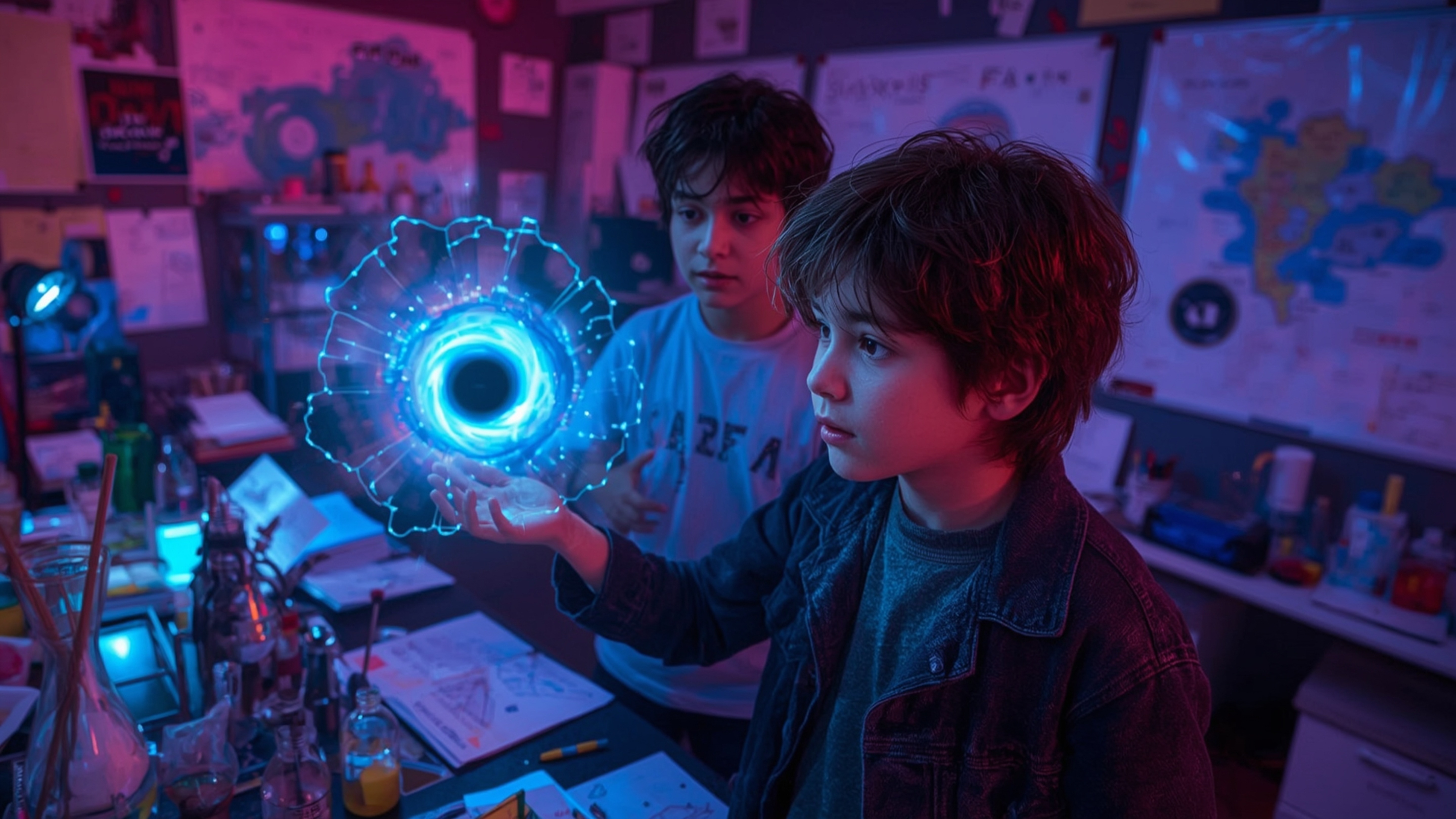 A vibrant and cinematic photograph depicts a diverse pair of tween scientists at a science fair who have accidentally created