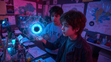 A vibrant and cinematic photograph depicts a diverse pair of tween scientists at a science fair who have accidentally created