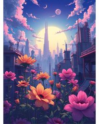Explore a stunning Isekai anime-style depiction of resilient flowers blooming amidst the ruins of a post-apocalyptic city. Th
