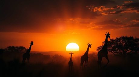 Experience the breathtaking beauty of a dramatic savanna sunset.  This stunning low-angle shot captures silhouetted giraffes 