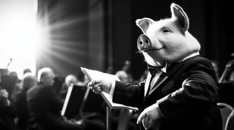 A pig character dressed in a conductor's tuxedo passionately attempts to conduct an orchestra in a captivating long exposure 