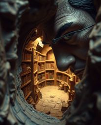 A captivating close-up image featuring a person with an intense expression, immersed in the discovery of a hidden underground