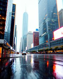 Explore a mesmerizing glitchy digital landscape featuring distorted skyscrapers and static noise, captured in a wet, rainy sc