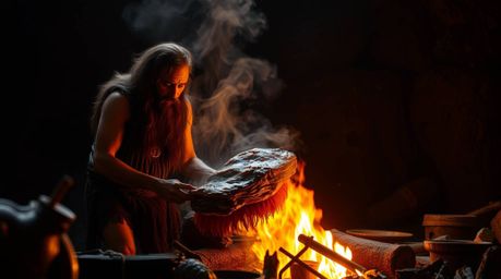Imagine a caveman immersed in the act of cooking mammoth meat, bathed in the warm and inviting golden hour light reminiscent 