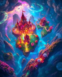 Immerse yourself in a breathtaking bird’s-eye view digital painting showcasing a vibrant and colorful kingdom. Floating islan