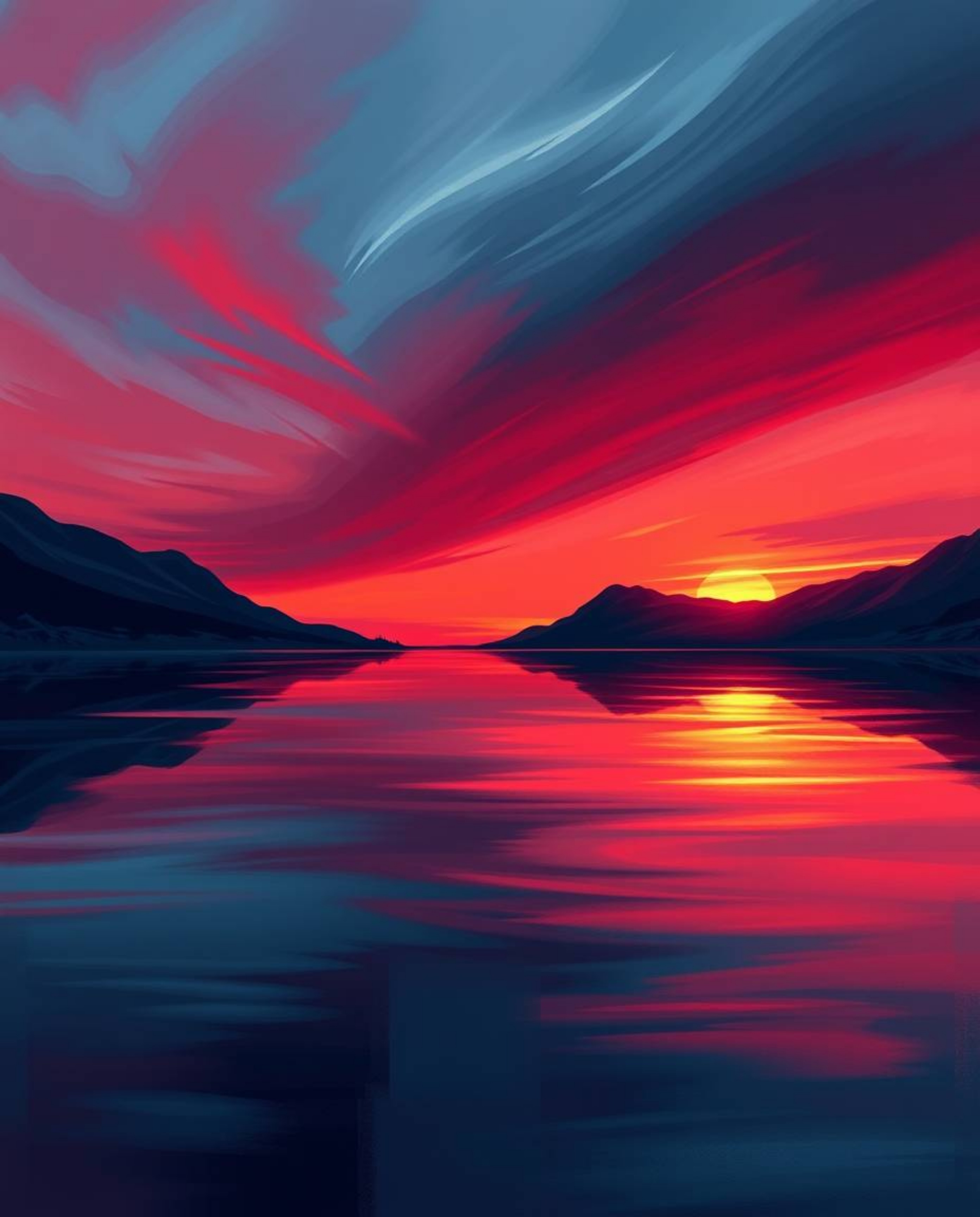 A sophisticated and elegant digital painting that captures the reflection of a sunset in a glassy fjord. This artwork is defi