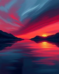 A sophisticated and elegant digital painting that captures the reflection of a sunset in a glassy fjord. This artwork is defi