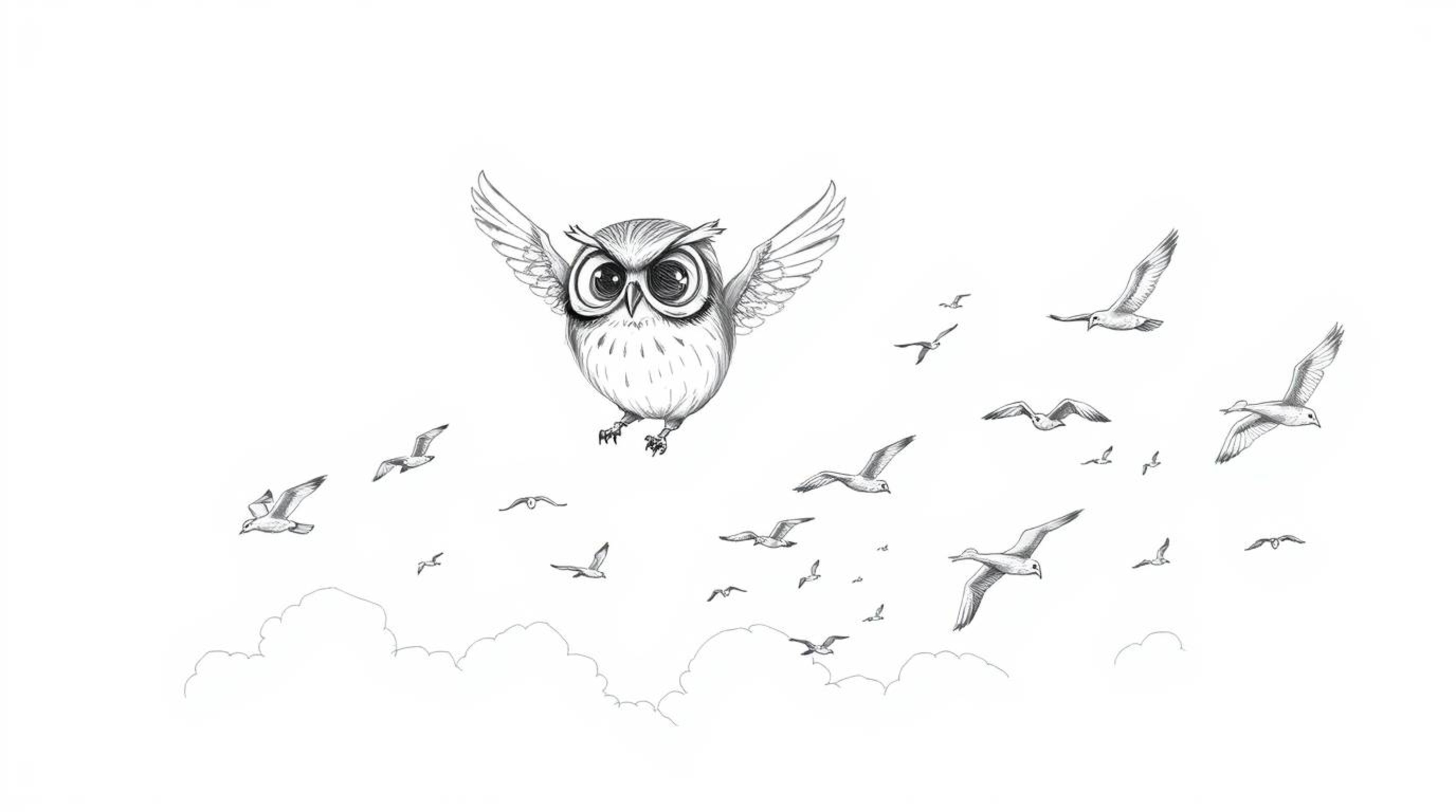 A heartwarming Pixar-style hand-drawn sketch depicts a blind owl, meticulously detailed with textured pencil strokes, as it p