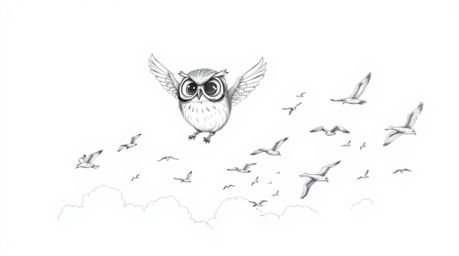 A heartwarming Pixar-style hand-drawn sketch depicts a blind owl, meticulously detailed with textured pencil strokes, as it p