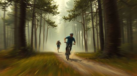 Experience an exhilarating forest chase scene rendered in a classic oil painting style, complete with soft cinematic haze and