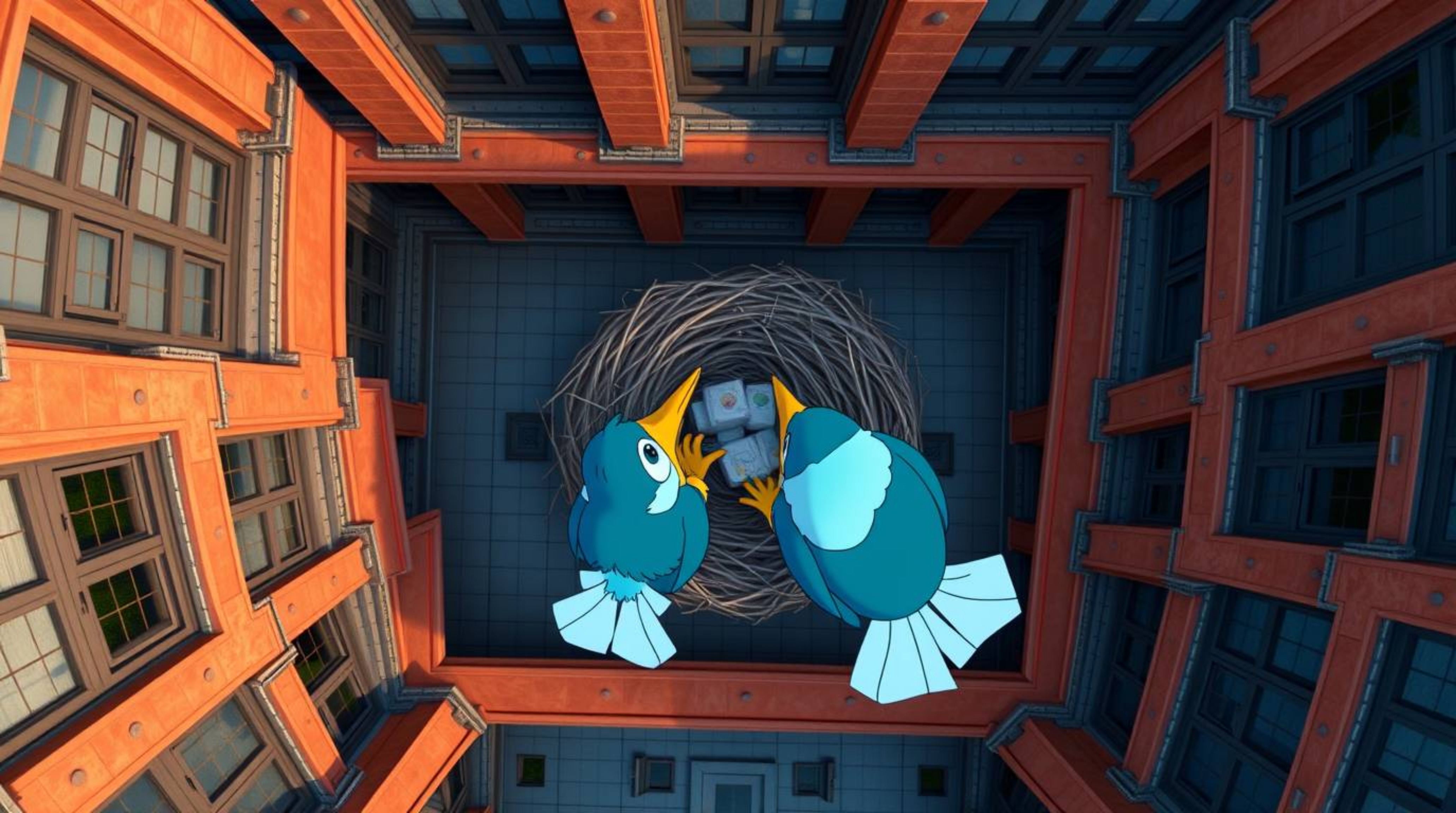 Overhead architectural photograph depicting two cartoon birds constructing a nest in a classic animation style. This image sh