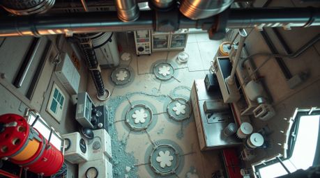 A captivating high-angle shot reveals a science lab coated in vibrant slime.  Detailed textures, metallic surfaces reflecting