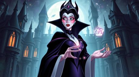 A captivating digital painting depicts a refined, elegant Disney villain casting a spell within a futuristic, sci-fi adaptati
