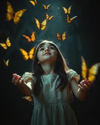 A captivating cinematic image showcasing a girl releasing butterflies into the air.  The scene is dramatically lit with stron
