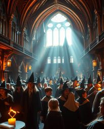 Explore a prestigious magical school where young wizards hone their skills amidst a warm, golden glow and a radiant, luxuriou