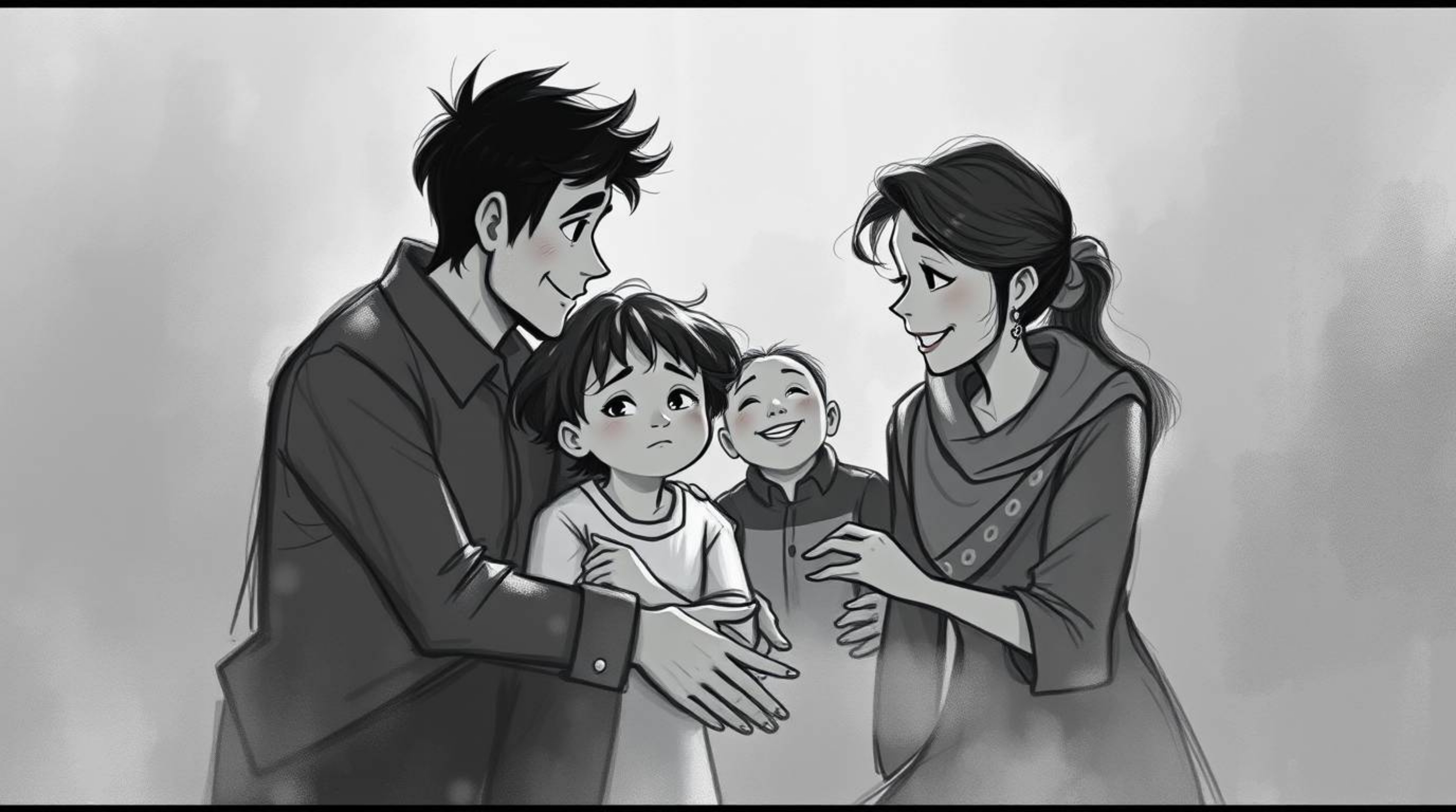 Experience a timeless and elegant depiction of a heartfelt family reunion in this classic black and white digital sketch. The