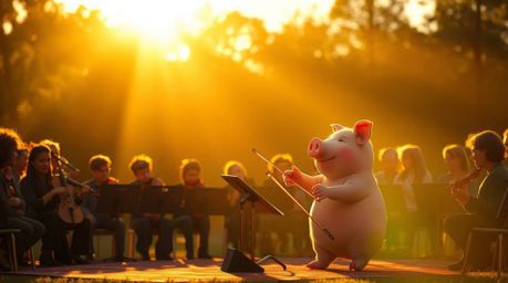 A charming illustration featuring a pig character passionately conducting an orchestra, bathed in the warm, soft light of gol