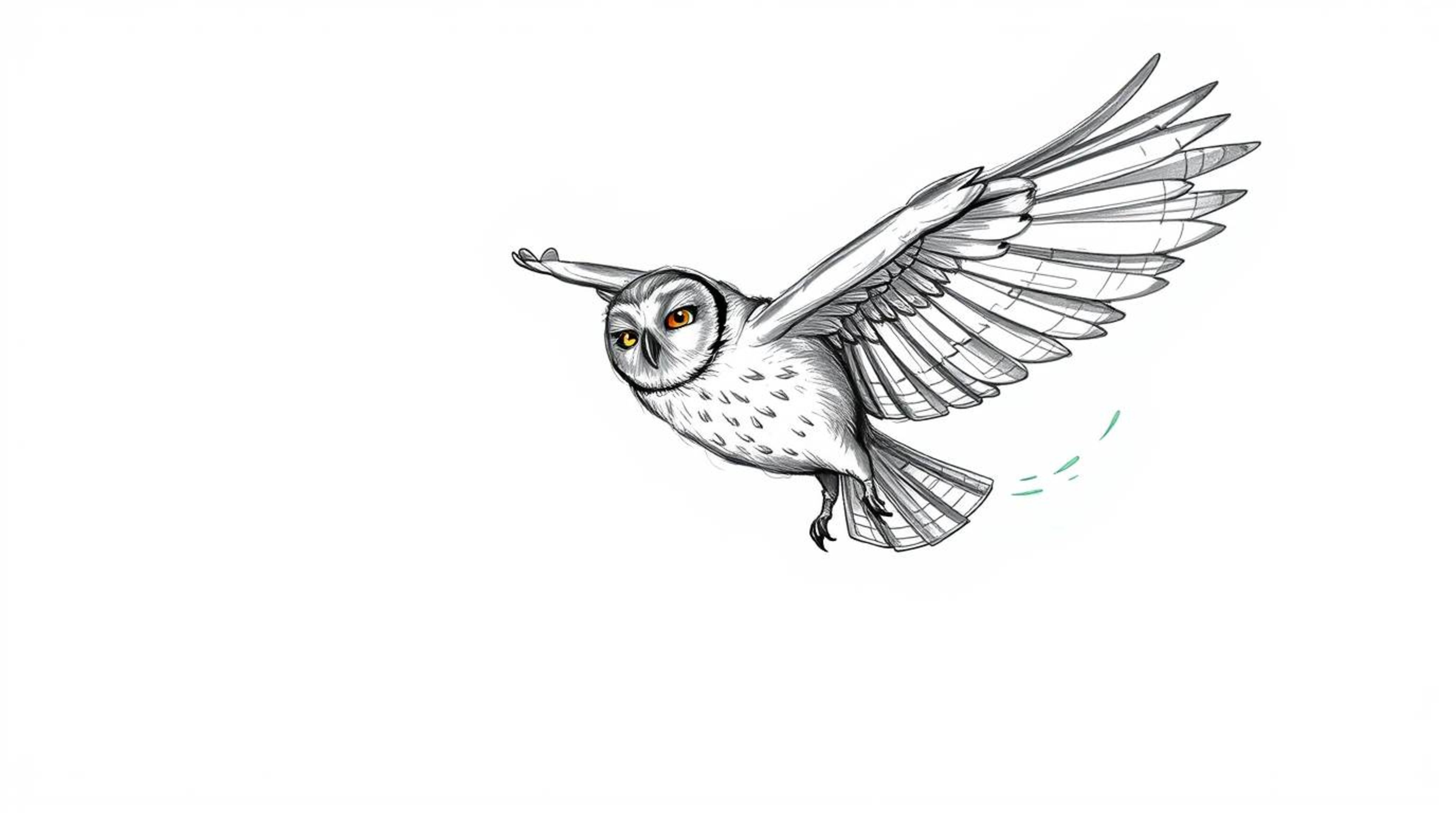 A hand-drawn sketch in the style of Pixar, depicting a blind owl mid-flight, gracefully teaching a group of birds how to fly.