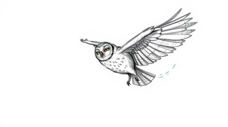 A hand-drawn sketch in the style of Pixar, depicting a blind owl mid-flight, gracefully teaching a group of birds how to fly.