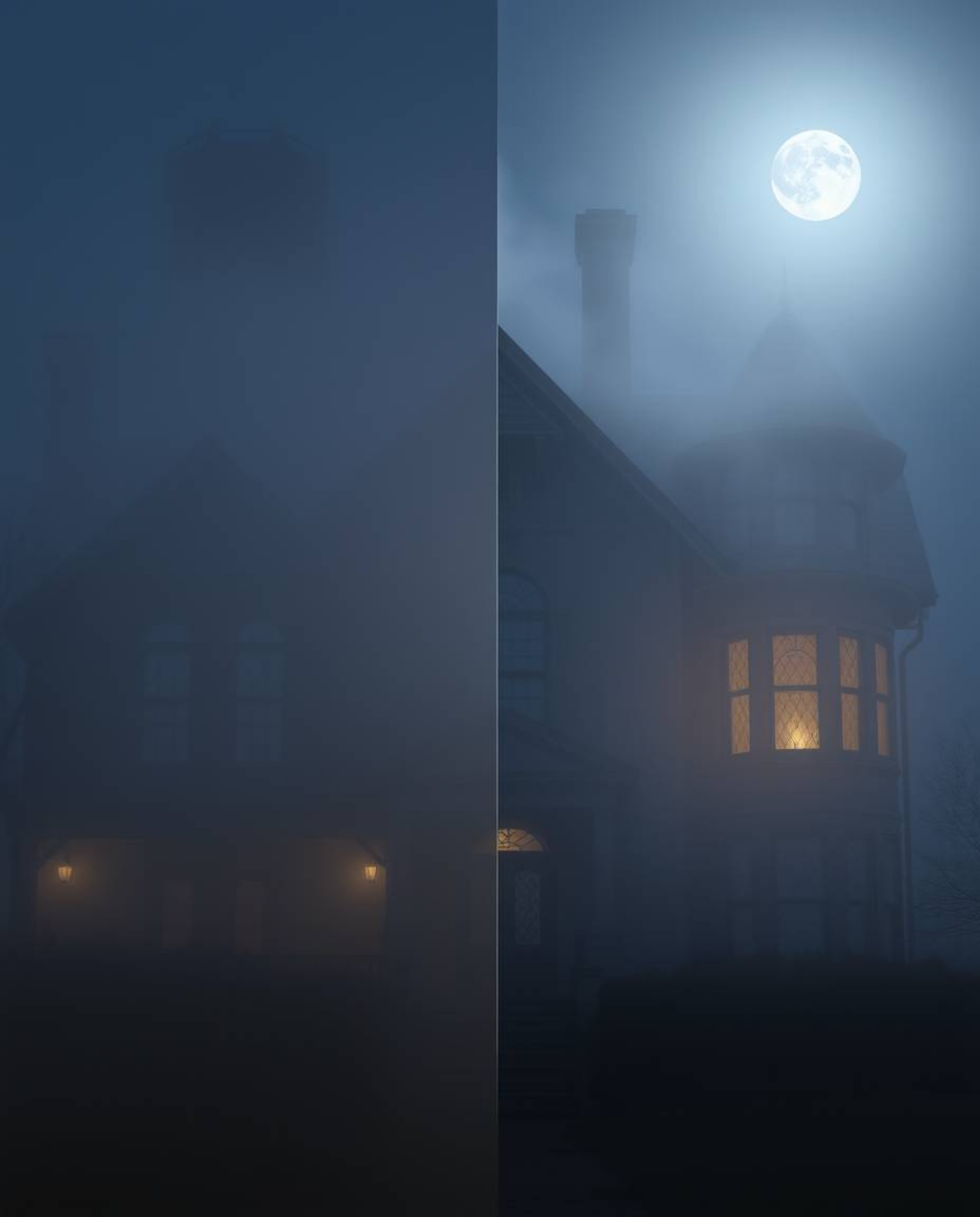 A fog-covered Victorian mansion bathed in moonlight is presented in a photorealistic style, split vertically to showcase dist