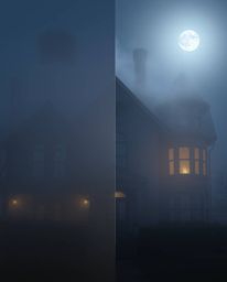A fog-covered Victorian mansion bathed in moonlight is presented in a photorealistic style, split vertically to showcase dist
