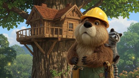 A highly detailed, high-resolution stock photo captures a heartwarming moment in a whimsical, Pixar-inspired style. A beaver,
