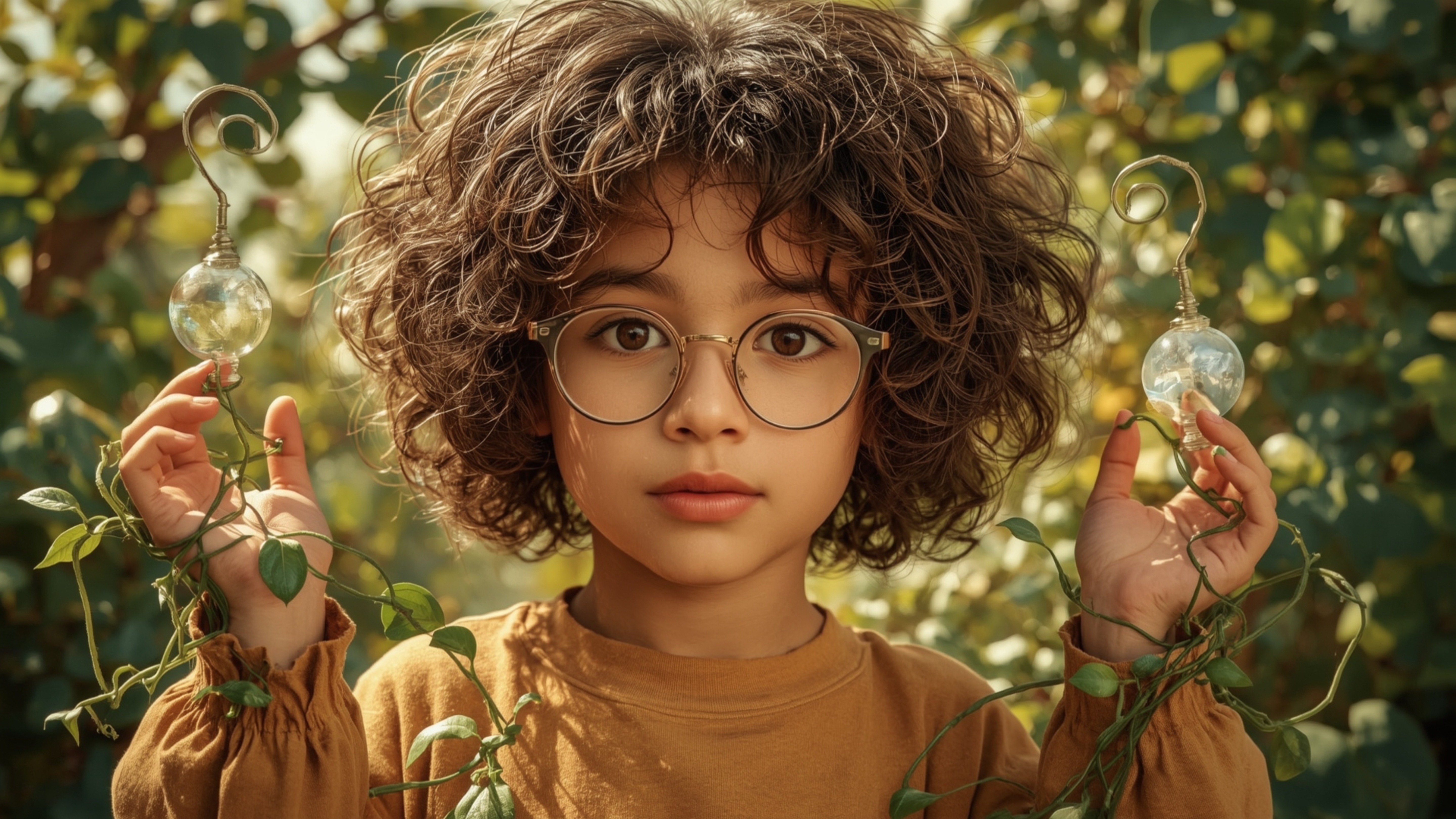 A highly detailed, high-resolution stock photo shows a bright-eyed, homeschooled genius with curly hair and thick-rimmed glas