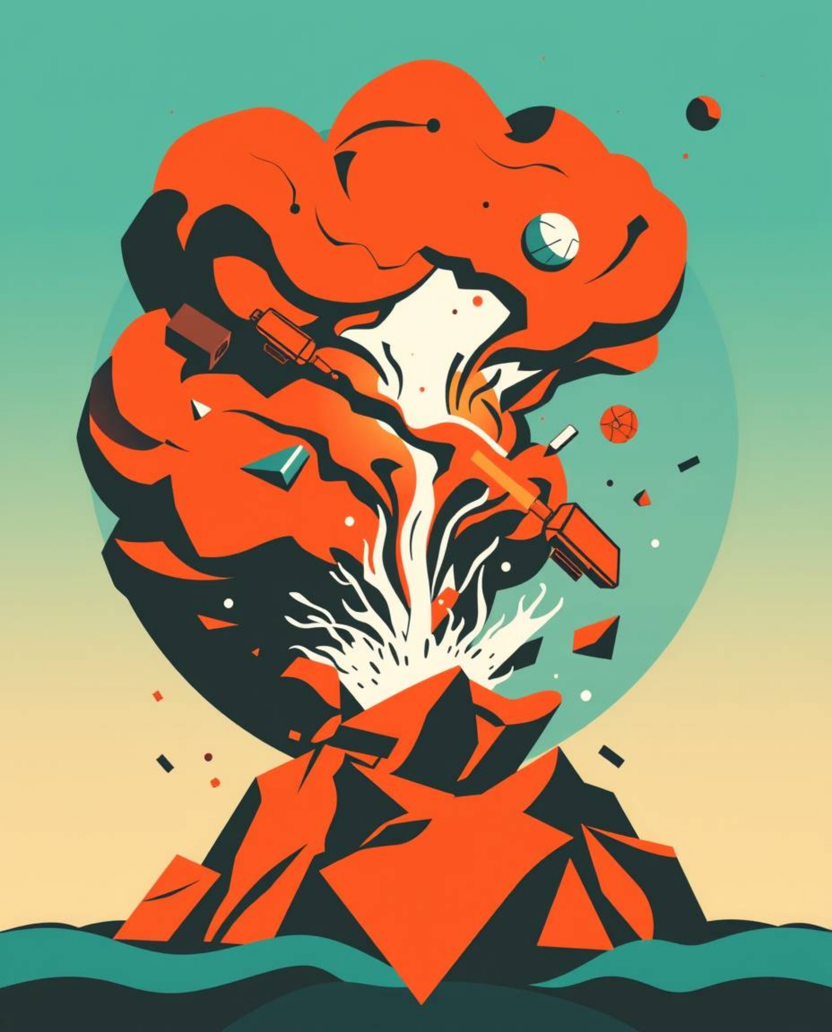 This artwork features a surreal storm depicted in warm terracotta and cool teal tones, presented as a logo.  The design incor