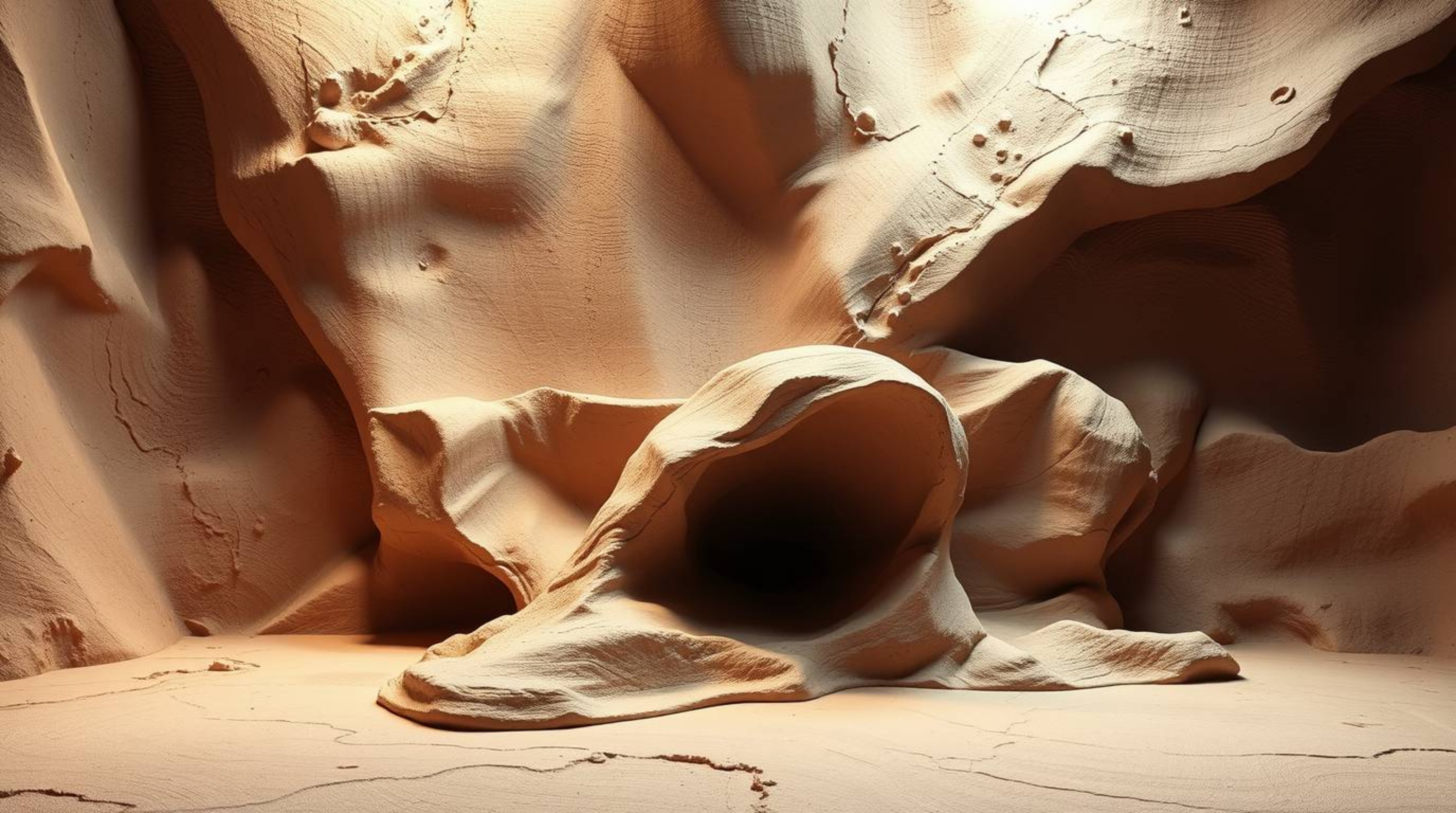 Explore a striking high-contrast sculptural clay art piece featuring intense dramatic lighting, modeled shapes, and textured 