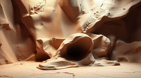 Explore a striking high-contrast sculptural clay art piece featuring intense dramatic lighting, modeled shapes, and textured 