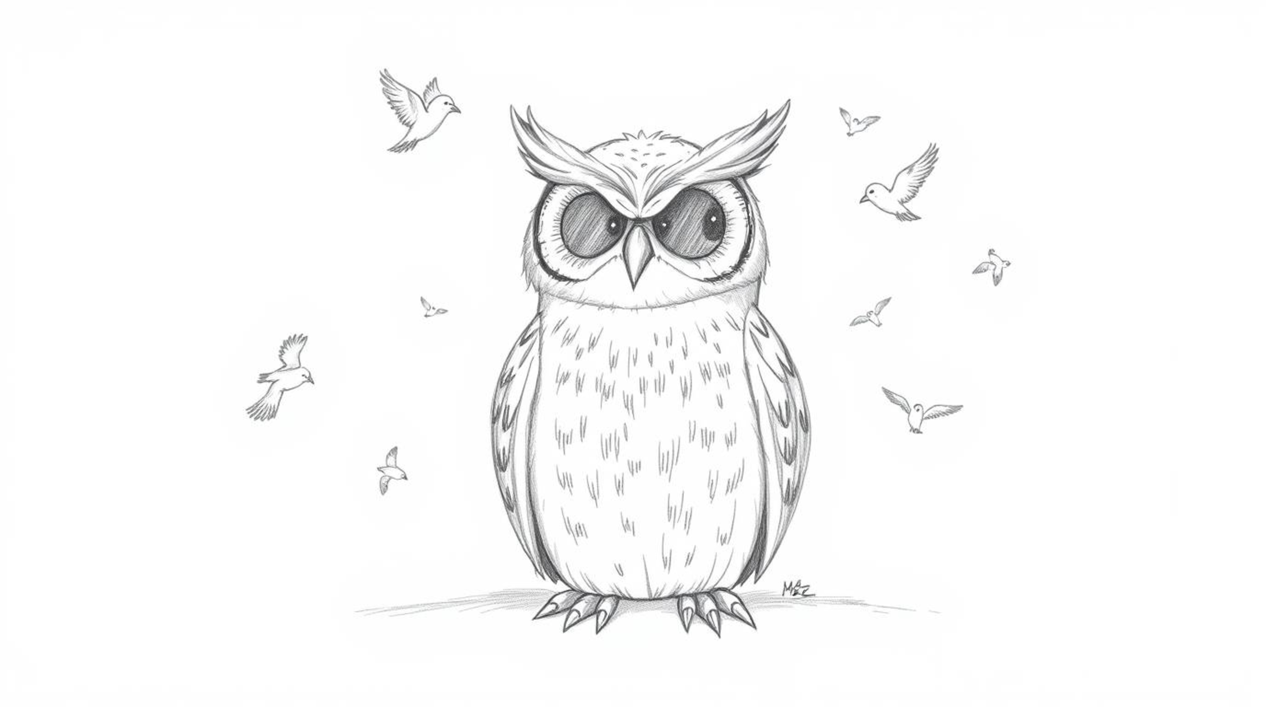 A heartwarming hand-drawn pencil sketch in Pixar style depicts a blind, yet wise-looking owl sitting calmly on a white backgr