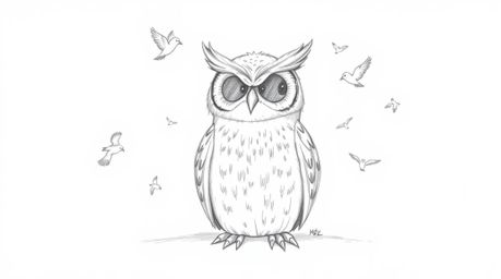 A heartwarming hand-drawn pencil sketch in Pixar style depicts a blind, yet wise-looking owl sitting calmly on a white backgr