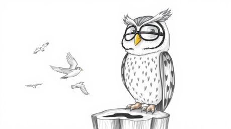 A heartwarming hand-drawn sketch in a Pixar style depicts a blind owl with a friendly smile, perched on a tree stump, watchin