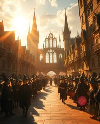 Immerse yourself in a grand and epic scene of a magical school teeming with young wizards, all bathed in the warm, enchanting