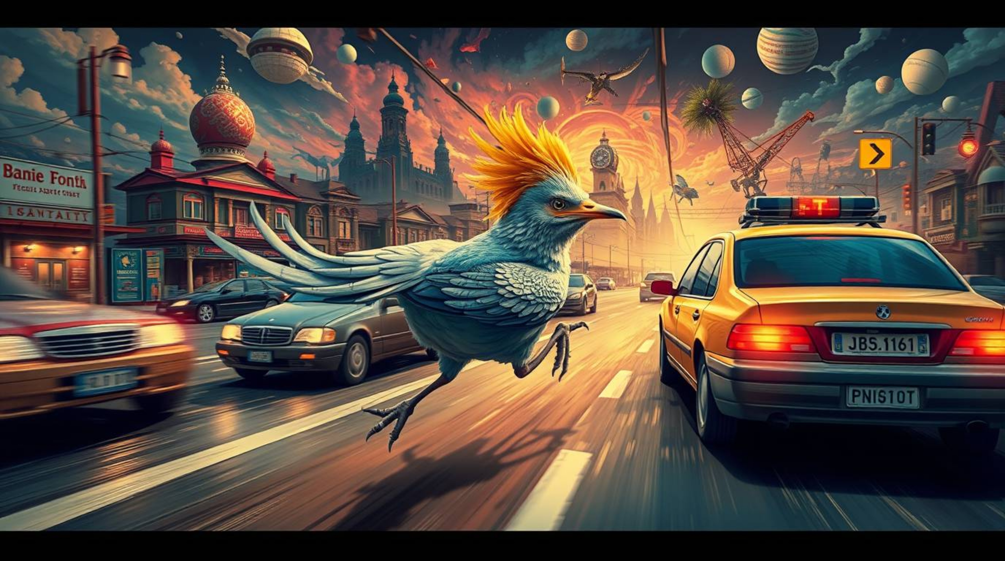 Experience a surreal journey with a fast-running bird zooming past traffic in a fantastical setting. This vibrant dreamscape 