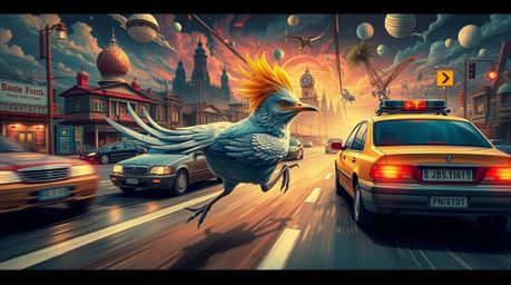 Experience a surreal journey with a fast-running bird zooming past traffic in a fantastical setting. This vibrant dreamscape 