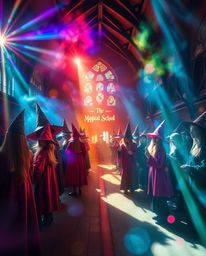 Discover a magical school brimming with young wizards, radiating an ethereal and mystical atmosphere.  Experience vibrant col