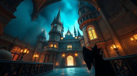 A breathtaking wide-angle architectural photograph captures a classic Disney villain casting a spell within an old, golden-gl