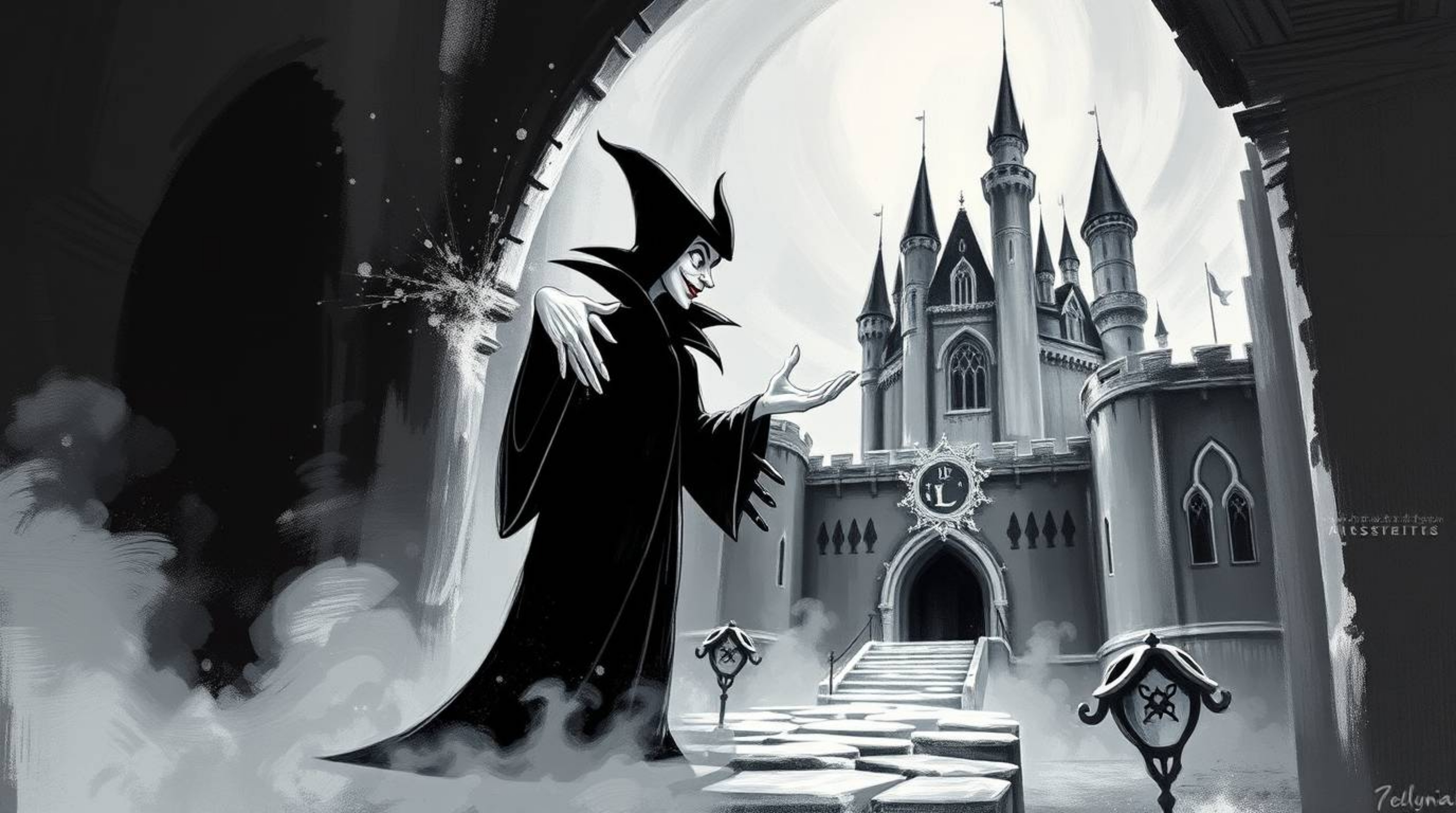 This bold black and white acrylic painting depicts a classic Disney villain casting a spell within an old castle, emanating a