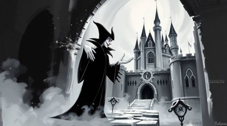 This bold black and white acrylic painting depicts a classic Disney villain casting a spell within an old castle, emanating a