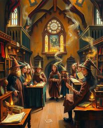 Discover a captivating oil painting depicting a magical school brimming with young wizards.  The artwork boasts a warm, class