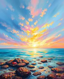 A classic oil painting depicts a colorful sky over a coral reef at low tide, shimmering with iridescent colors. This artwork 