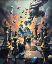 A dreamlike surreal oil painting depicts a chessboard with pieces frozen mid-air in a moment of chaotic destruction. Iridesce